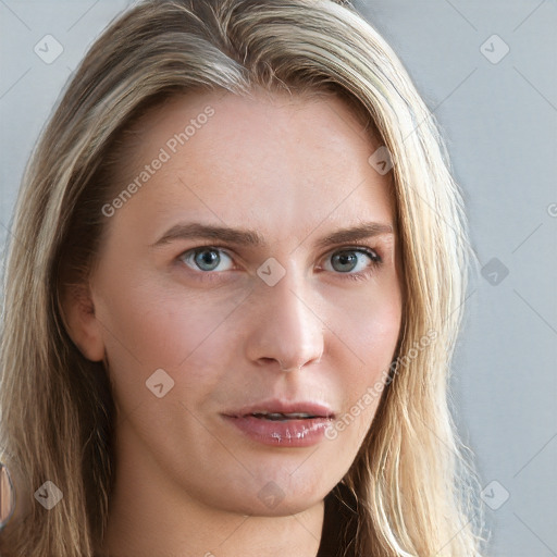 Neutral white young-adult female with long  brown hair and blue eyes