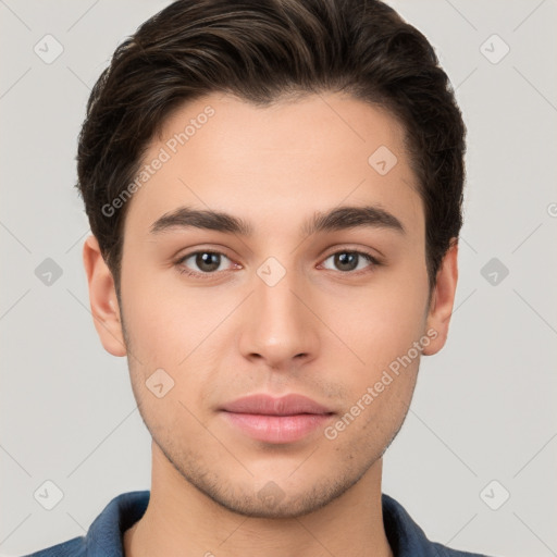 Neutral white young-adult male with short  brown hair and brown eyes