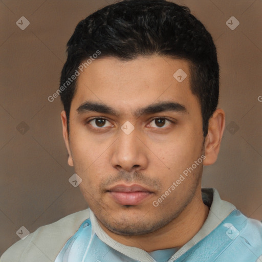 Neutral latino young-adult male with short  black hair and brown eyes