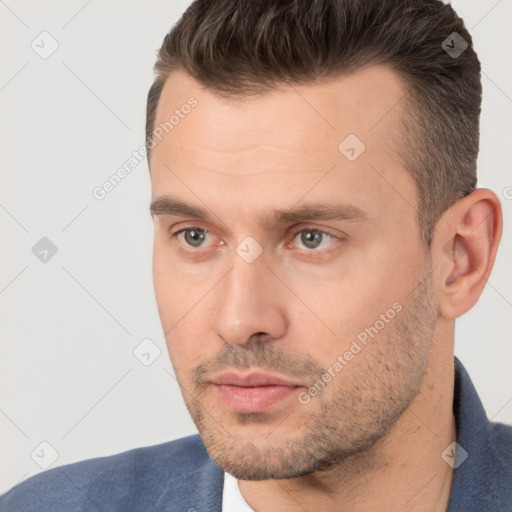 Neutral white adult male with short  brown hair and brown eyes