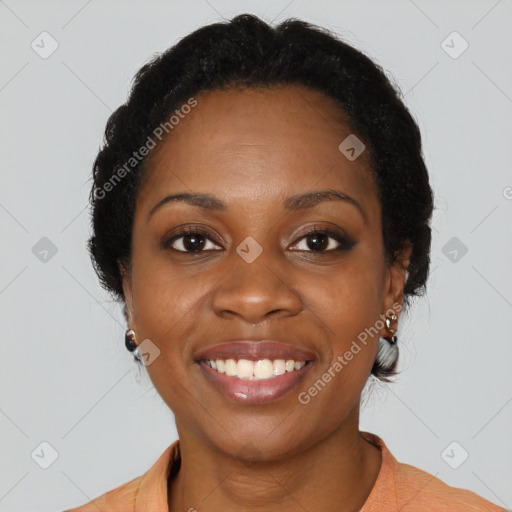 Joyful black young-adult female with medium  black hair and brown eyes