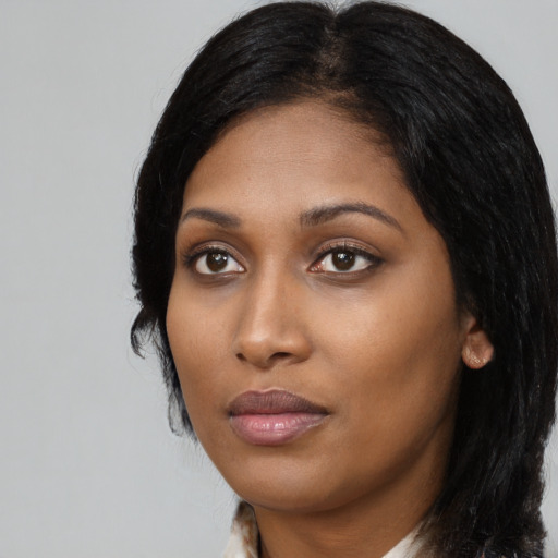 Neutral asian young-adult female with long  black hair and brown eyes