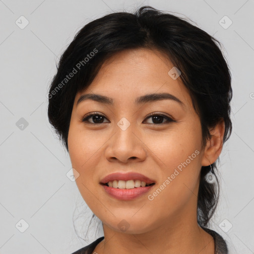 Joyful asian young-adult female with medium  brown hair and brown eyes