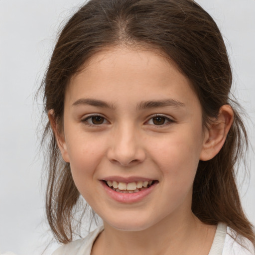 Joyful white child female with medium  brown hair and brown eyes