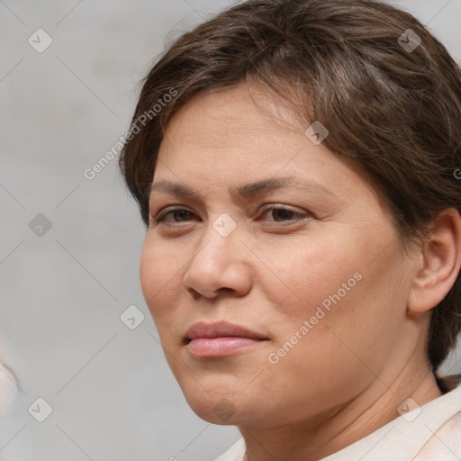 Neutral white young-adult female with short  brown hair and brown eyes