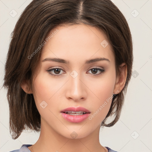 Neutral white young-adult female with medium  brown hair and brown eyes