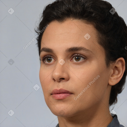 Neutral white young-adult female with short  brown hair and brown eyes