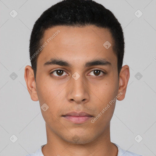 Neutral latino young-adult male with short  black hair and brown eyes