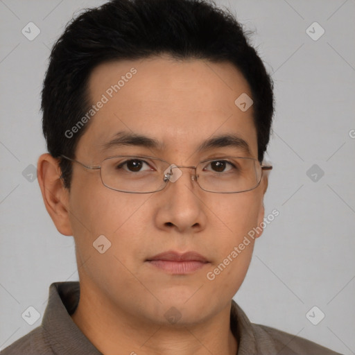 Neutral asian young-adult male with short  brown hair and brown eyes