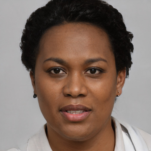 Joyful black young-adult female with short  black hair and brown eyes