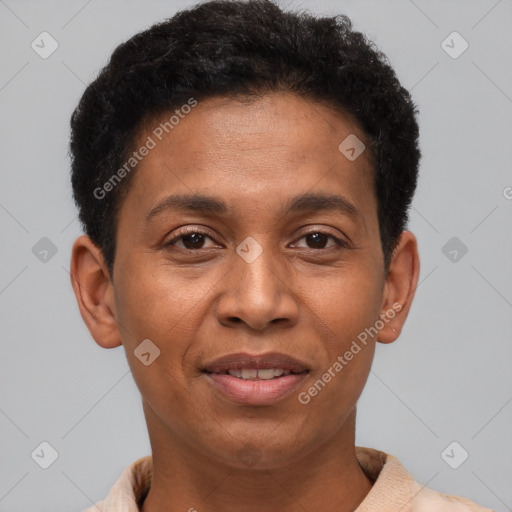 Joyful latino young-adult male with short  brown hair and brown eyes