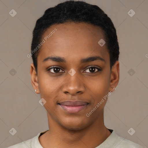 Joyful black young-adult female with short  black hair and brown eyes