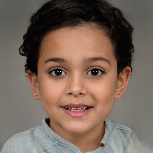 Joyful white child female with short  brown hair and brown eyes