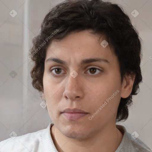 Neutral white young-adult female with short  brown hair and brown eyes