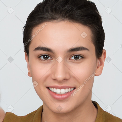 Joyful white young-adult female with short  brown hair and brown eyes