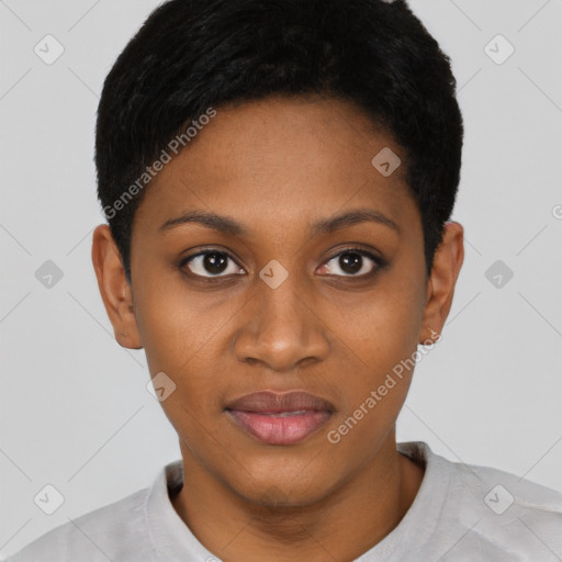Joyful black young-adult female with short  black hair and brown eyes