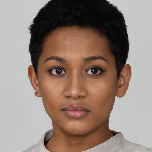 Neutral latino young-adult female with short  black hair and brown eyes