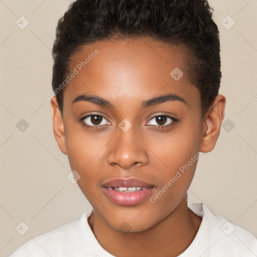 Joyful black young-adult female with short  brown hair and brown eyes