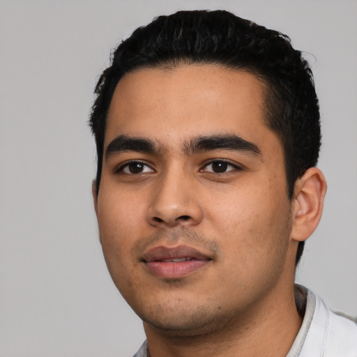 Neutral asian young-adult male with short  black hair and brown eyes