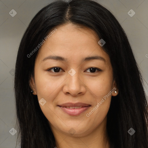 Joyful asian young-adult female with long  brown hair and brown eyes