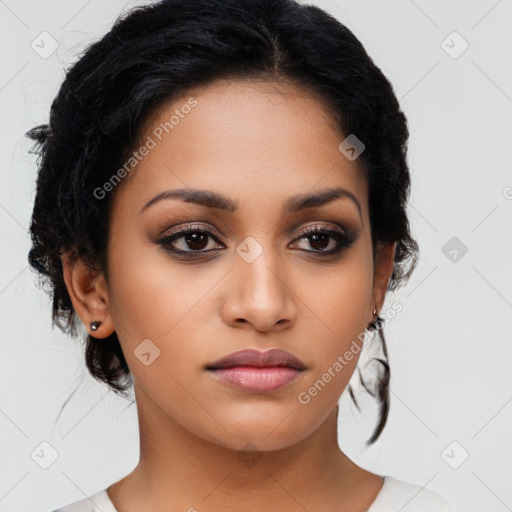 Joyful latino young-adult female with medium  black hair and brown eyes