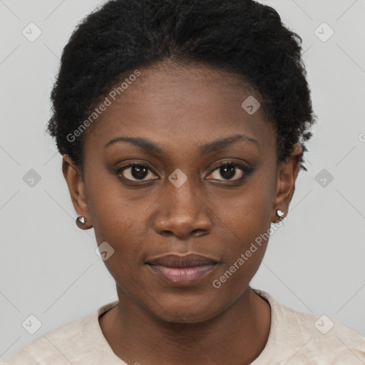 Neutral black young-adult female with short  black hair and brown eyes