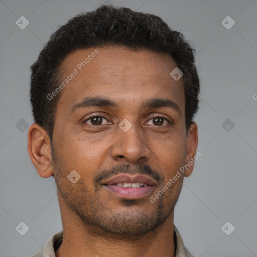 Neutral black young-adult male with short  brown hair and brown eyes