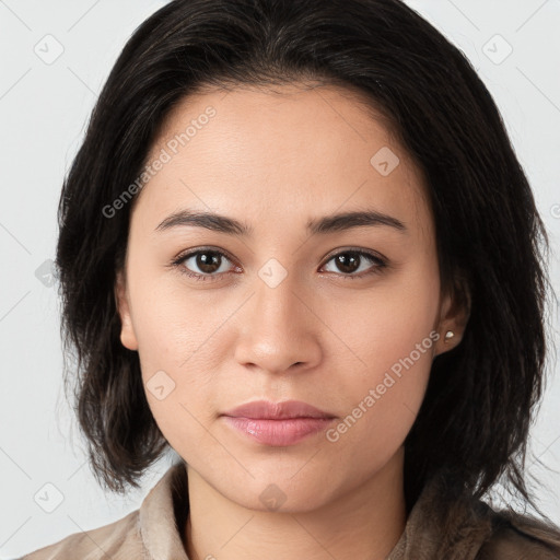Neutral white young-adult female with medium  brown hair and brown eyes