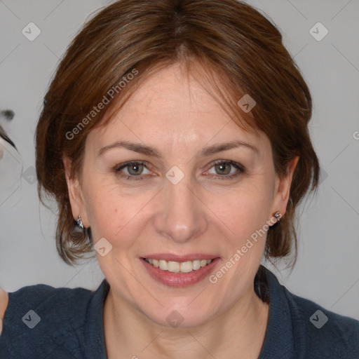 Joyful white young-adult female with medium  brown hair and blue eyes