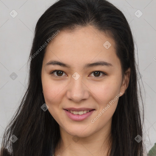 Joyful asian young-adult female with long  brown hair and brown eyes