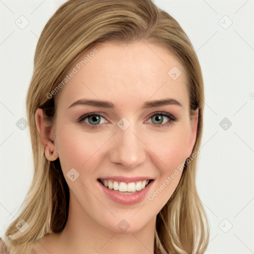 Joyful white young-adult female with long  brown hair and green eyes