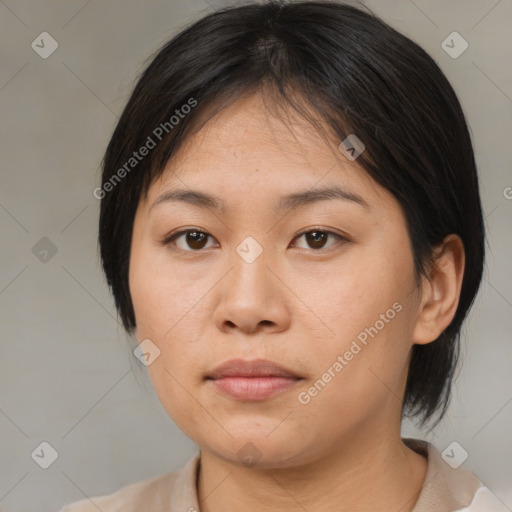 Neutral asian young-adult female with medium  brown hair and brown eyes