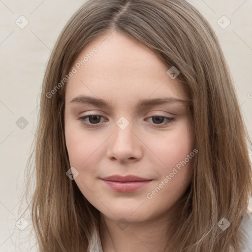 Neutral white young-adult female with long  brown hair and grey eyes