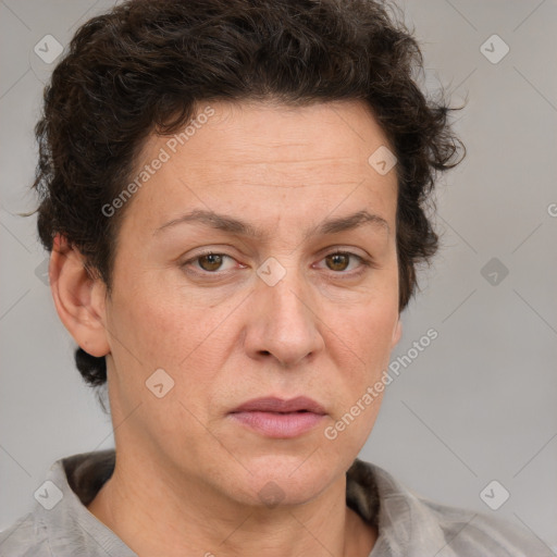 Neutral white adult female with short  brown hair and brown eyes