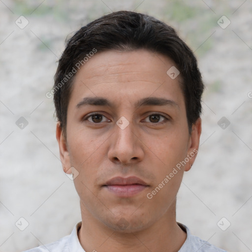 Neutral white young-adult male with short  brown hair and brown eyes