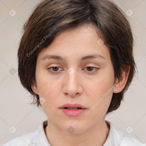 Neutral white young-adult female with medium  brown hair and brown eyes