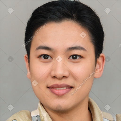 Joyful white young-adult female with short  brown hair and brown eyes