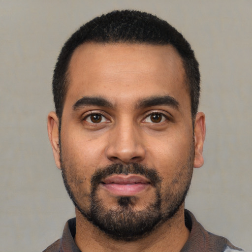 Neutral black young-adult male with short  black hair and brown eyes