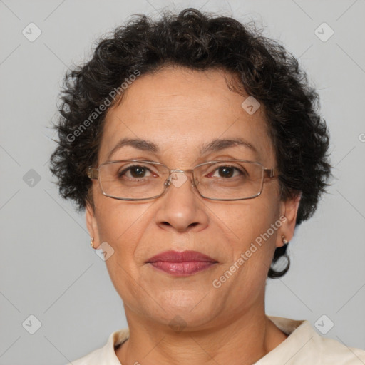 Joyful white middle-aged female with short  brown hair and brown eyes