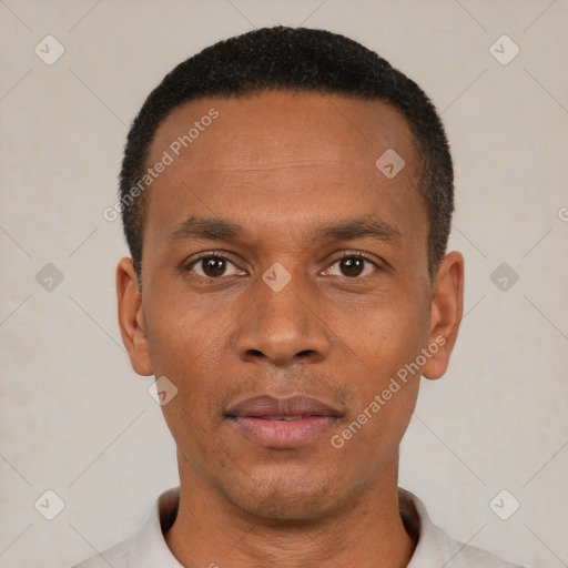 Neutral black young-adult male with short  black hair and brown eyes