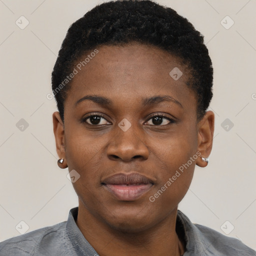 Neutral black young-adult female with short  black hair and brown eyes