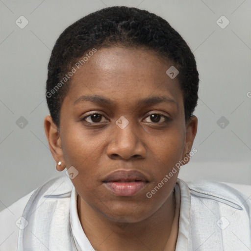 Joyful black young-adult female with short  brown hair and brown eyes