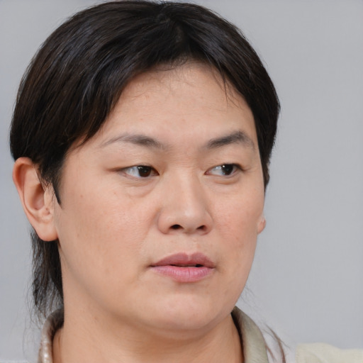 Neutral white young-adult female with short  brown hair and brown eyes
