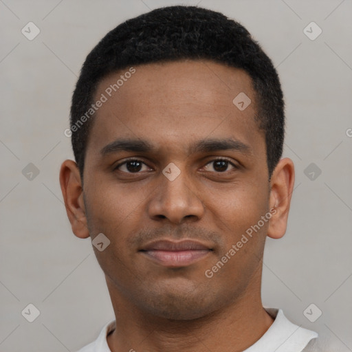 Neutral black young-adult male with short  black hair and brown eyes