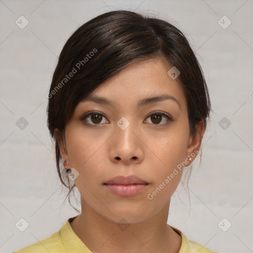 Neutral asian young-adult female with medium  brown hair and brown eyes
