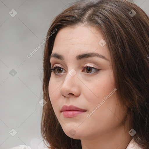 Neutral white young-adult female with medium  brown hair and brown eyes