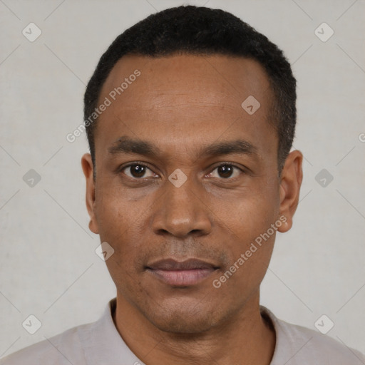Neutral black adult male with short  black hair and brown eyes