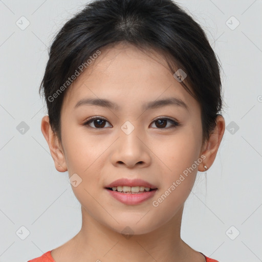 Joyful asian young-adult female with short  brown hair and brown eyes