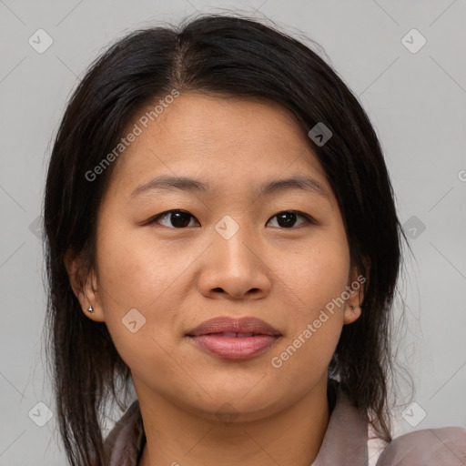 Joyful asian young-adult female with medium  brown hair and brown eyes