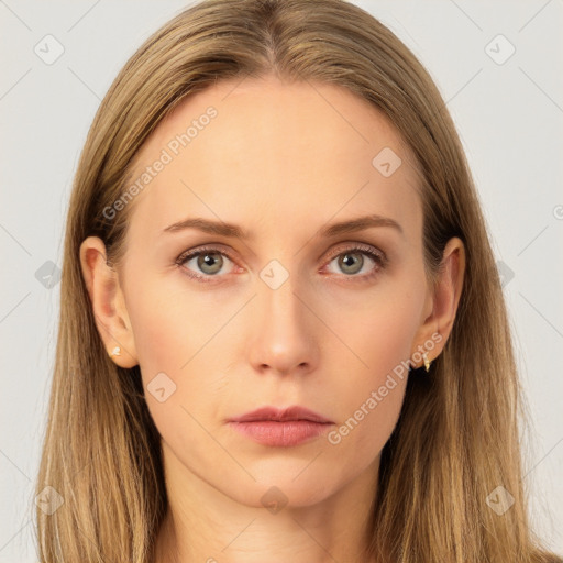 Neutral white young-adult female with long  brown hair and brown eyes